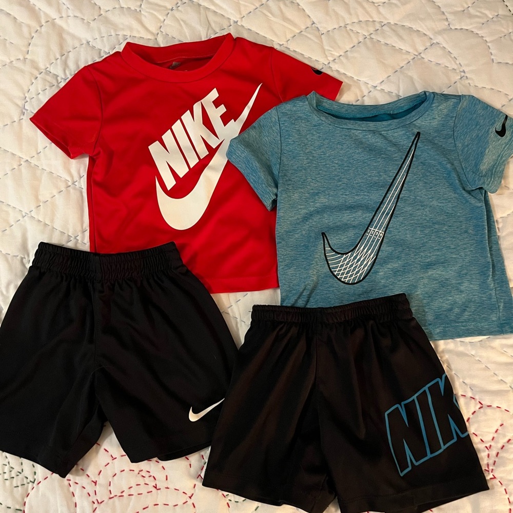 Nike Kids' Red and Blue T-Shirts with Black Shorts Set